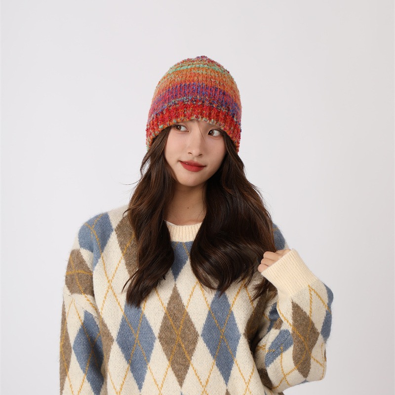 Dopamina Arcobaleno Colore Fatto a Mano per Bambini 2023 Nuovo Autunno/Inverno Lavorato a Maglia Baotou Caldo Freddo Cappello Set_voghion.com