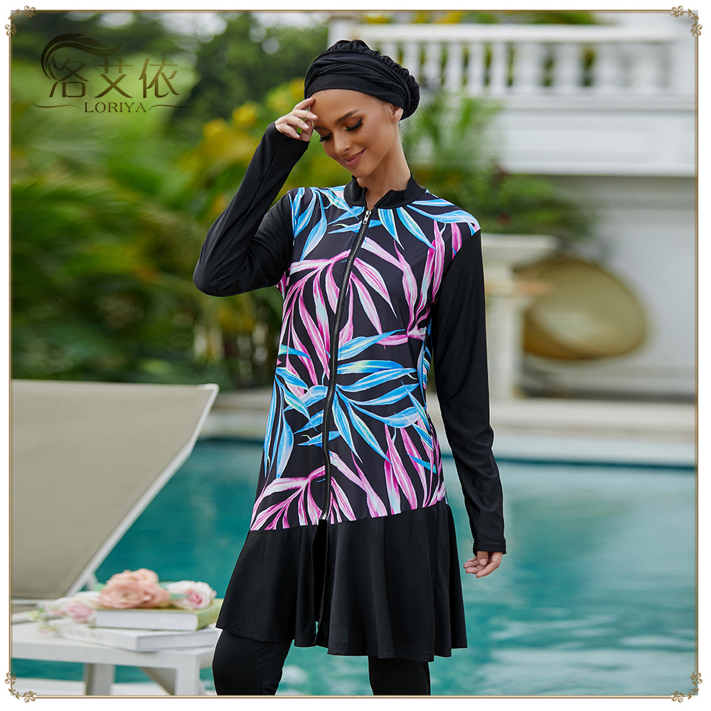 Loriya速賣通亞馬遜保守印花款現貨分體三件套泳裝SW1005