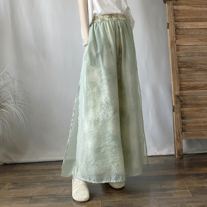 Summer Elastic Waist Double-Layer Printed Elegant Fairy Pants for Women Chinese Style Beautiful Dusk Cloud Gauze Long Pants Summer Elastic Waist Double-Layer Printed Elegant Fairy Pants for Women Chinese Style Beautiful Dusk Cloud Gauze Long Pants