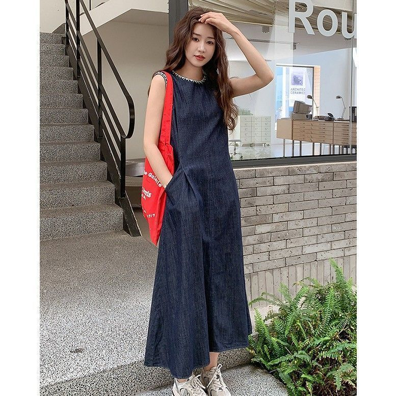 French Style Sleeveless Vest Denim Dress for Women 2026 New Summer Retro Style Loose Slimming Long Skirt