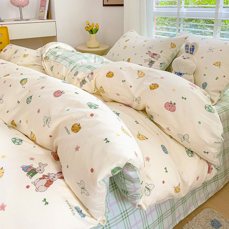 Pure Cotton Four-Piece Set, Xinjiang Long-Staple Cotton, Fresh Style, All-Cotton Student Dormitory Three-Piece Set, Reactive Dyeing, Fitted Sheet Style