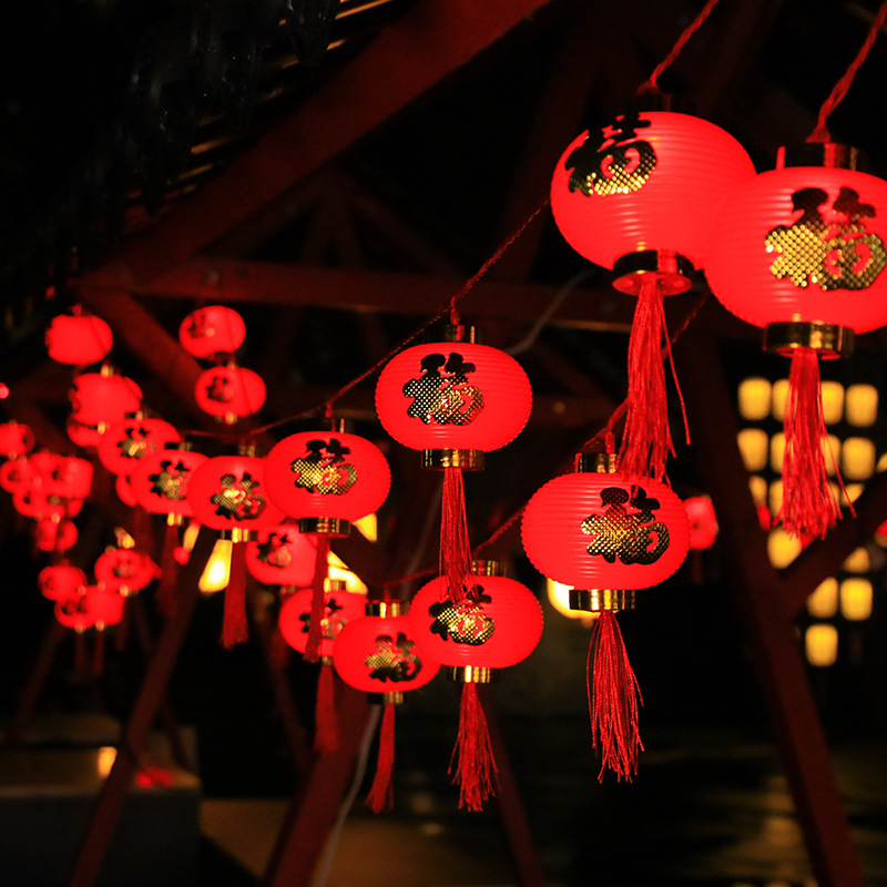 Solar al aire libre rojo linterna cadena Año Nuevo Festival de Primavera borla fu carácter rojo linterna cadena linterna luces decorativas de colores