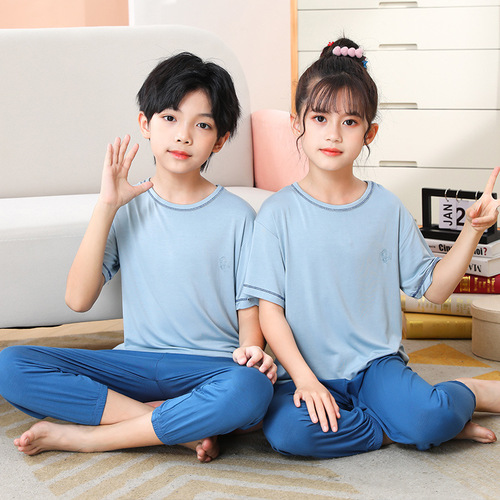 Children's pajamas, boys' summer thin short-sleeved suits, girls' air-conditioned clothes, medium and large children's baby home clothes, nine-minute pants