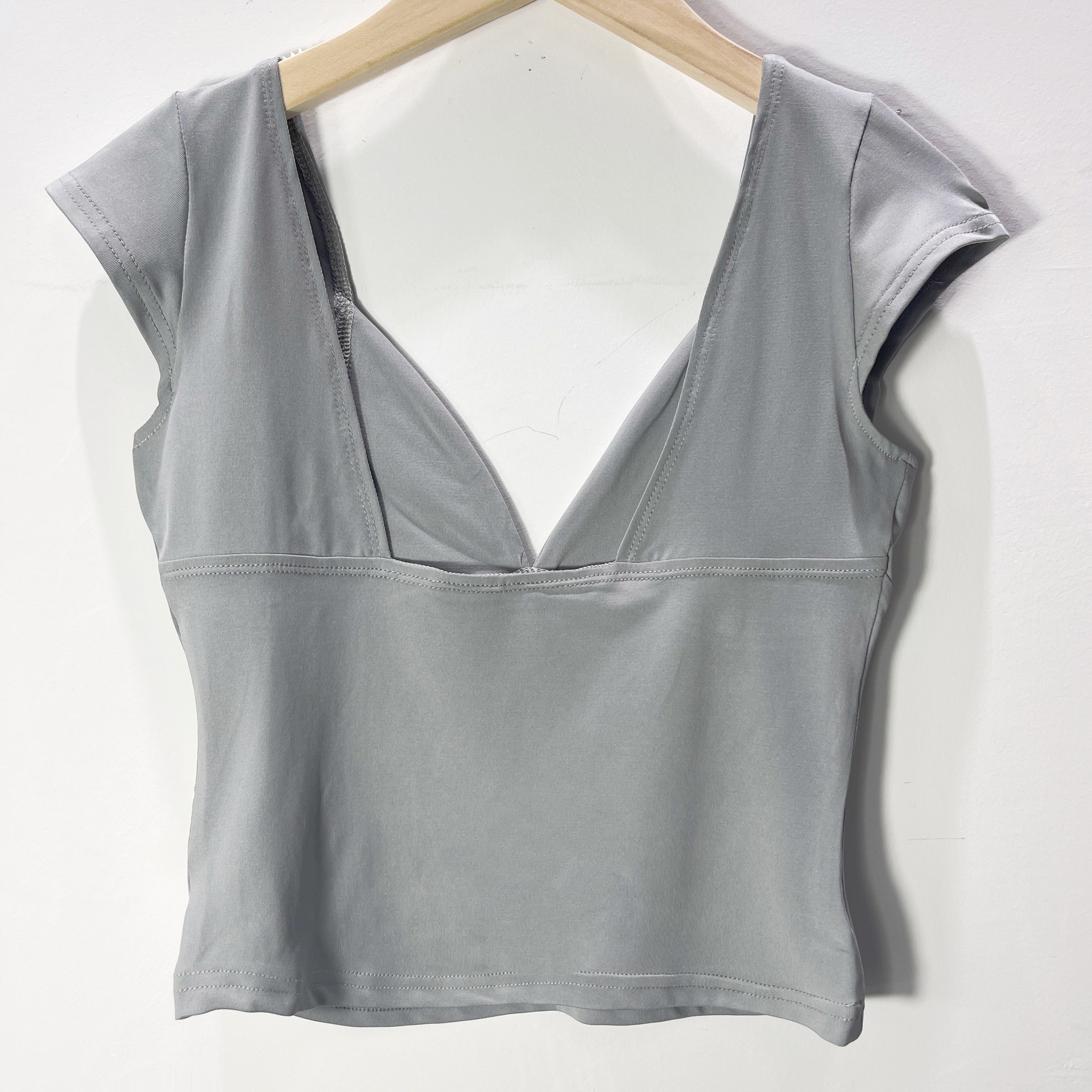 Ropa Y2K para Mujer, Comercio Exterior, Amazon, Top Corto Sexy con Escote en V, Color Sólido, Ajustado, Camiseta de Manga Corta image 10