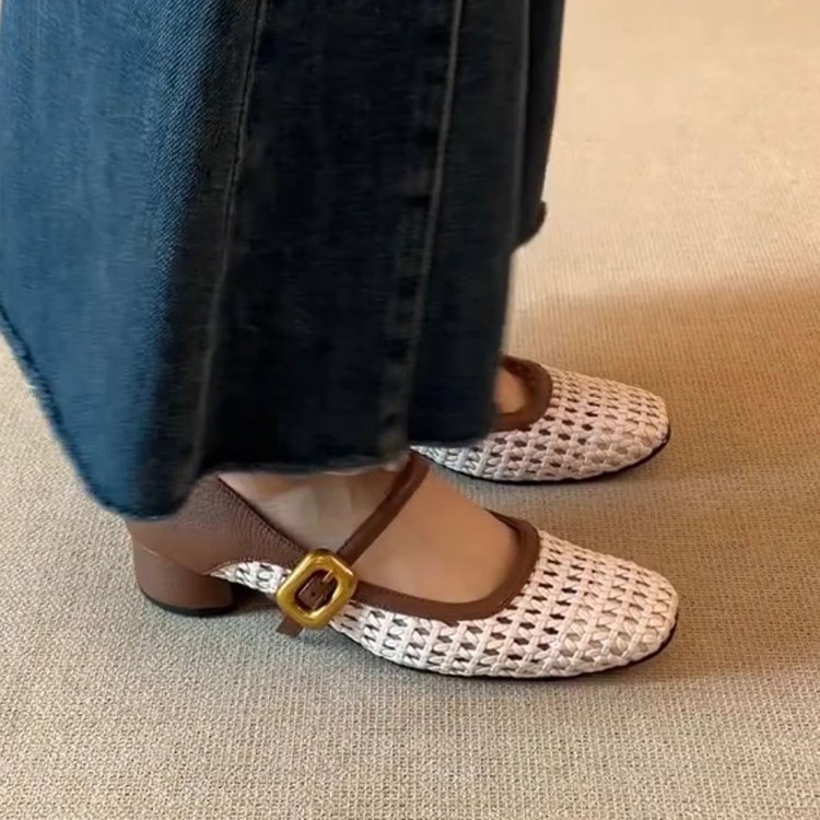 Piel de oveja suave ~ Zapatos Mary Jane huecos tejidos con punta cuadrada de cuero retro, sandalias de una línea de tacón grueso con punta cuadrada de boca baja para mujer