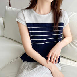 新款100纯棉长绒棉圆领条纹针织衫显瘦包袖t恤落肩袖外套背心女