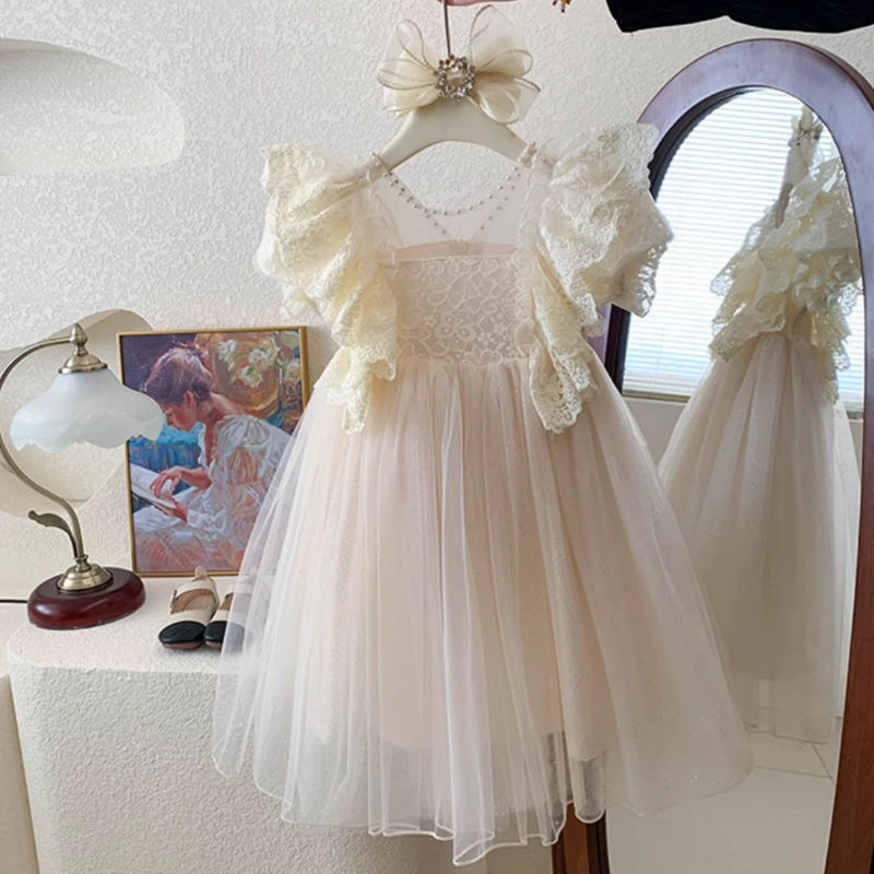 Летнее платье для девочки, зелёное сетчатое платье феи, модное кружевное пышное платье принцессы для малышки.