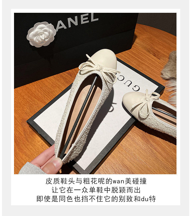 Giày búp bê nữ mũi tròn da cừu phối nơ, đế bệt gót thấp 1–3 cm — Mây Xám, Trắng sữa, Đen Mơ chi tiết 7