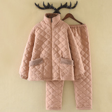 橘色夹棉睡衣女冬季防风防水三层加厚法兰绒保暖家居服套装可外穿