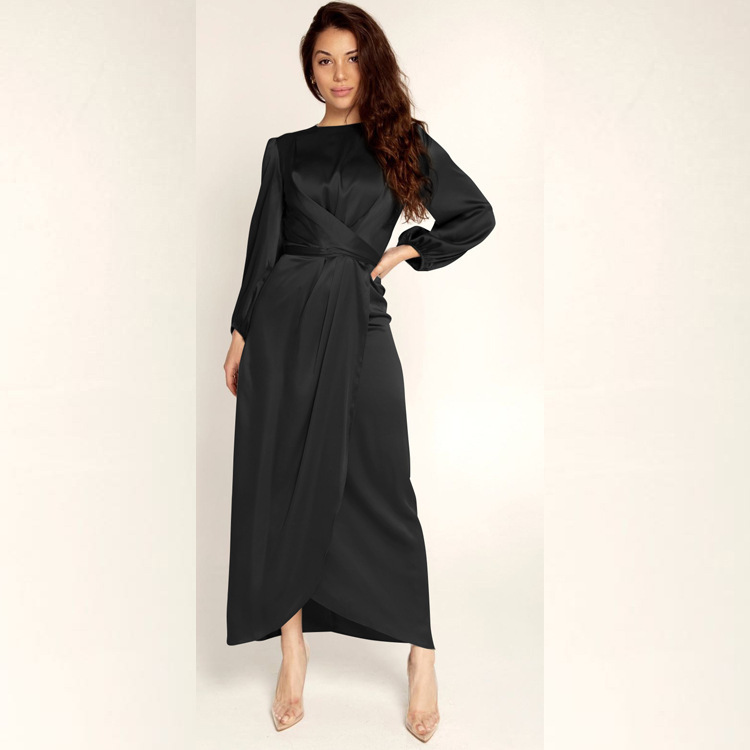 Ethnic Export Women's Clothing Dubai Hot Satin Long Dress Foreign Trade Solid Color Belted Slim Fit dress Black Dress