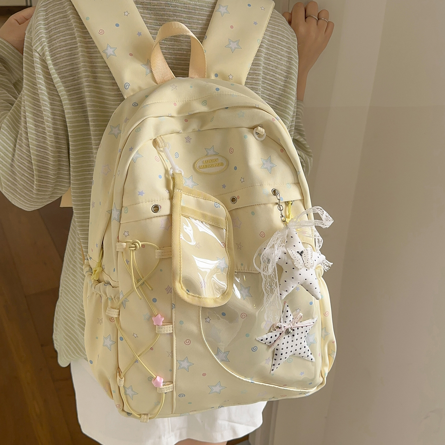 Trendy Star Print Large Capacity Student Backpack for Girls in Junior High and High School, Korean Style Cute Campus Backpack