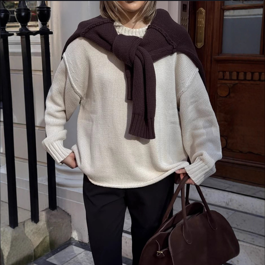 Round Neck Reverse Sweater Solid Color Casual Knitted Top