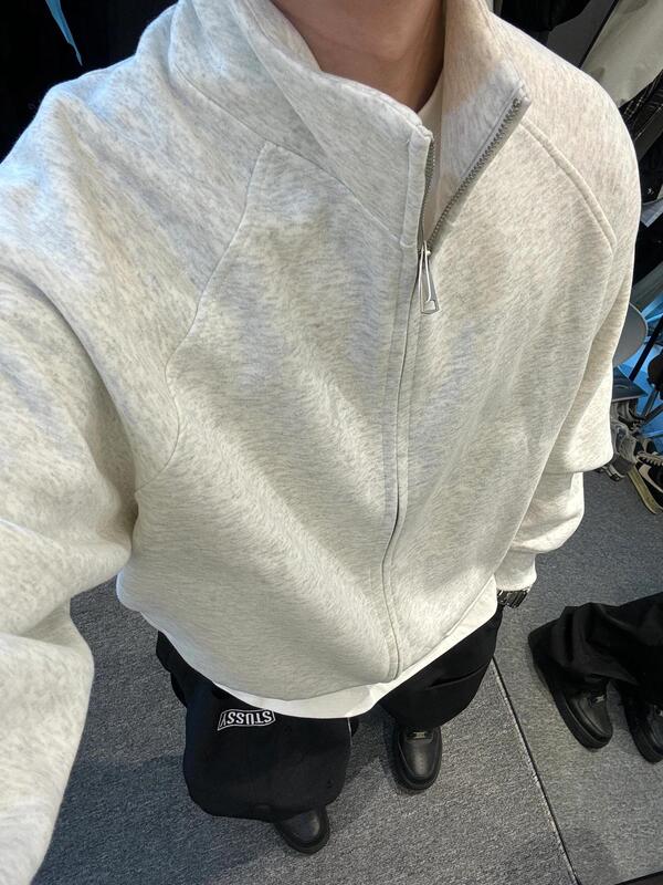 American Retro Cleanfit Cardigan Sweatshirt Men's Boxy Version Stand-Up Collar Zipper Jacket Autumn and Winter Silhouette Cutting