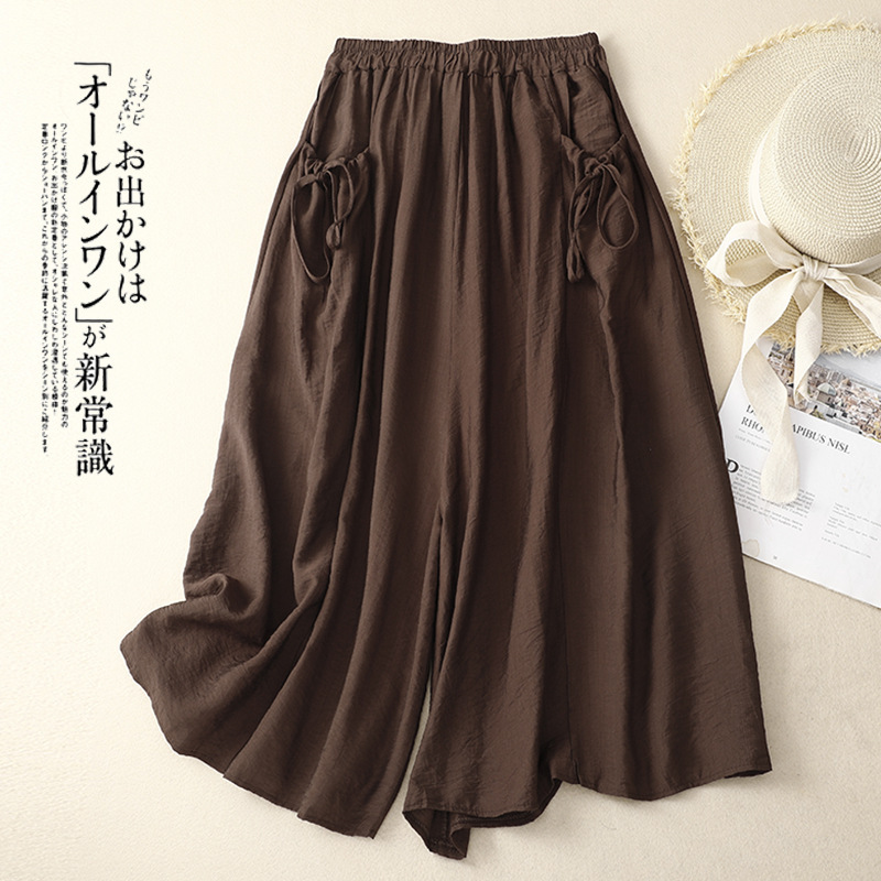 Women's Wide Leg Pants Summer Cool Tenum Thin Casual Pants Ramie Skirt Pants with Staggedness Waist Cotton and Linen Capri Pants