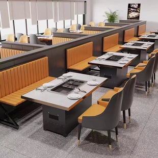 Rock Slab Hot Pot and Barbecue Restaurant Dining Table and Chairs with Backrest, Integrated Induction Cooker, Commercial Table and Chair Set with Multifunctional Storage