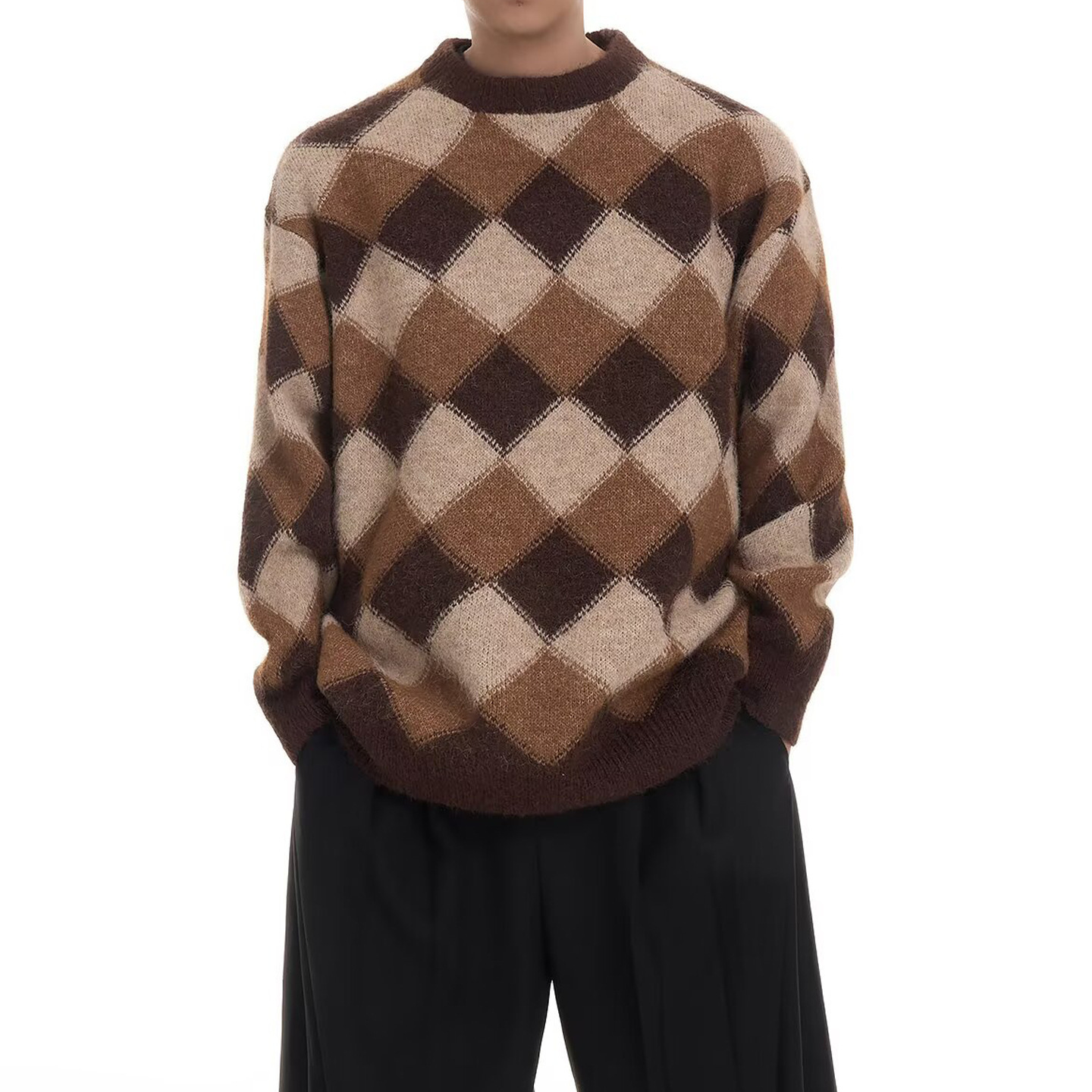 Explosiones transfronterizas de tamaño europeo gran tamaño Maillard jersey jersey de cuadrícula de diamante suéter pareja hombre cardigans fábrica de cuello redondo al por mayor