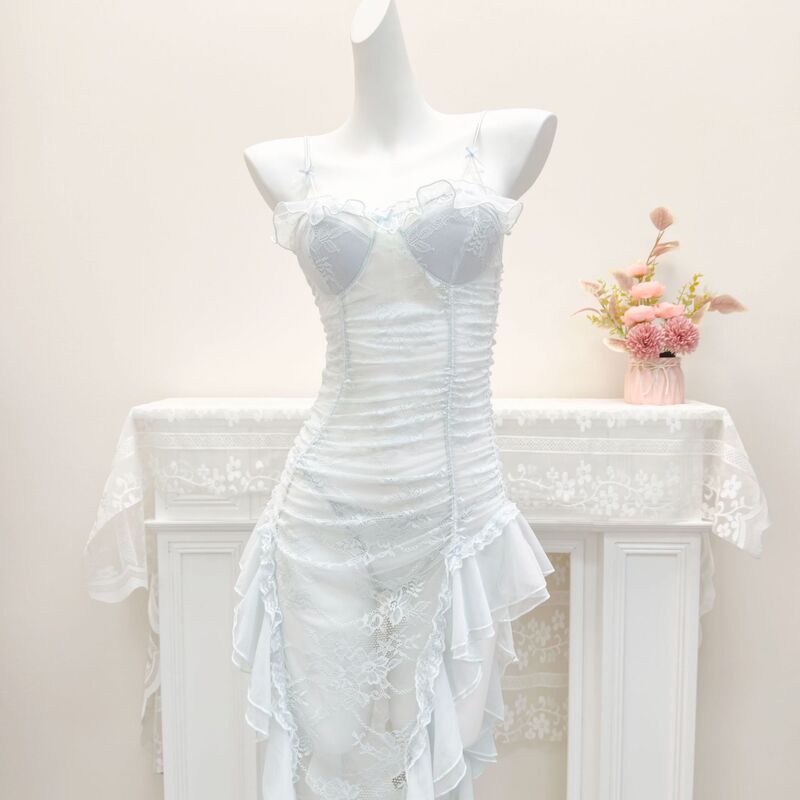 Yue Li Lace See-Through Fishtail Skirt with Breast Pads, Sexy Intimates for Adults, Romantic Valentine's Day Sexy Pajamas for Women