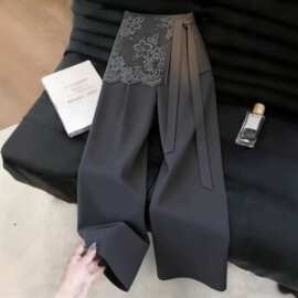 灰色假两件飘带蕾丝西装裤女2026年夏季流行新款韩版高级阔腿裤子