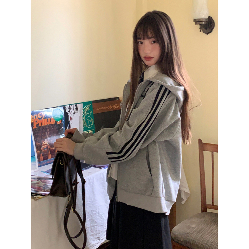 三条杠卫衣女连帽外套2025春季新款拉链开衫宽松学院风灰色上衣秋|undefined