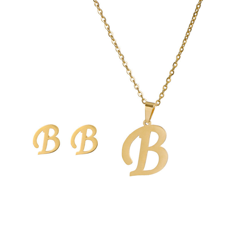 New stainless steel 26 letter female necklace earring set, fashionable and atmospheric, summer non fading accessories_voghion.com