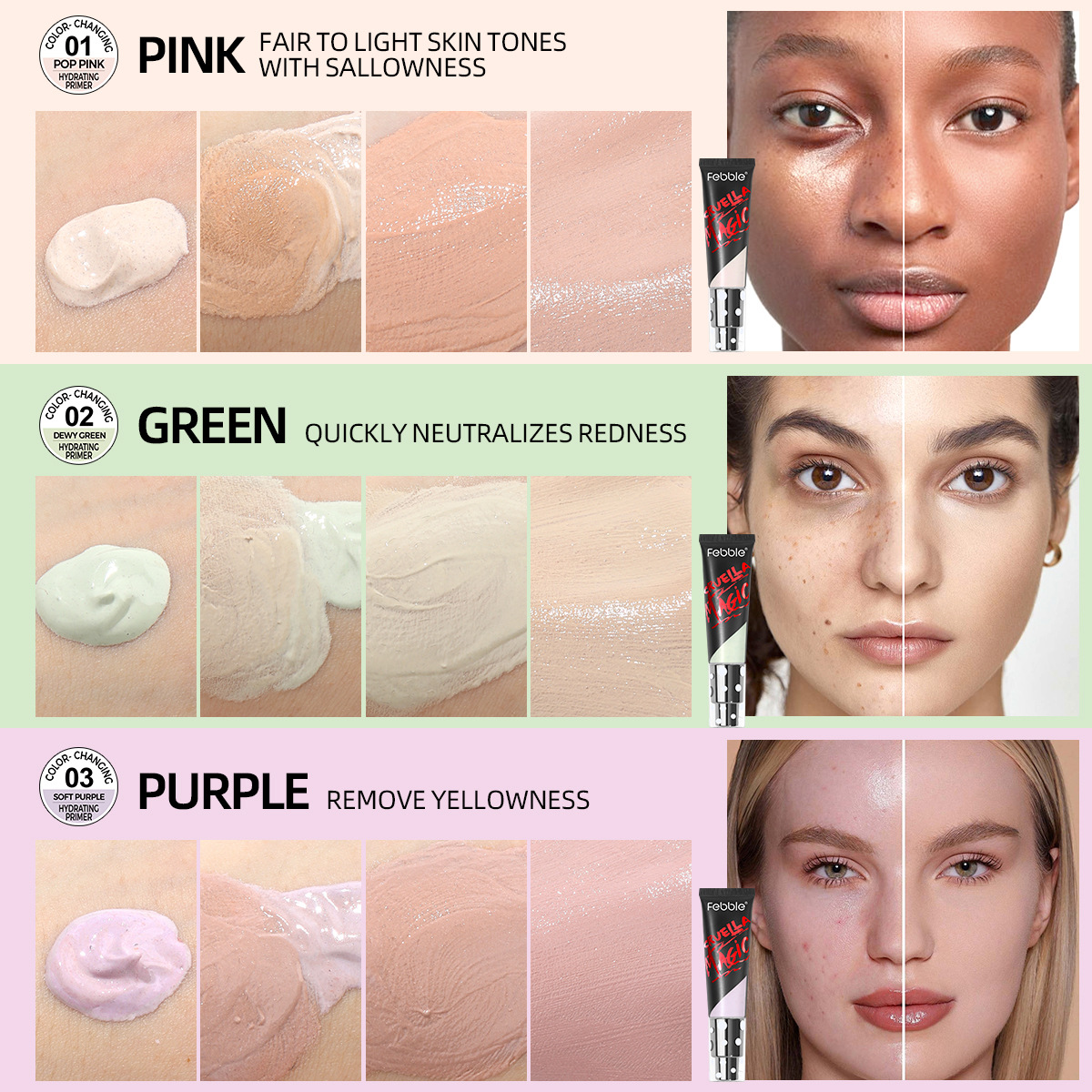 Febble Base de maquillaje de punto transfronterizo europeo y americano, impermeable, a prueba de sudor, hidratante, base de aislamiento, base de maquillaje que cambia de color FBC050