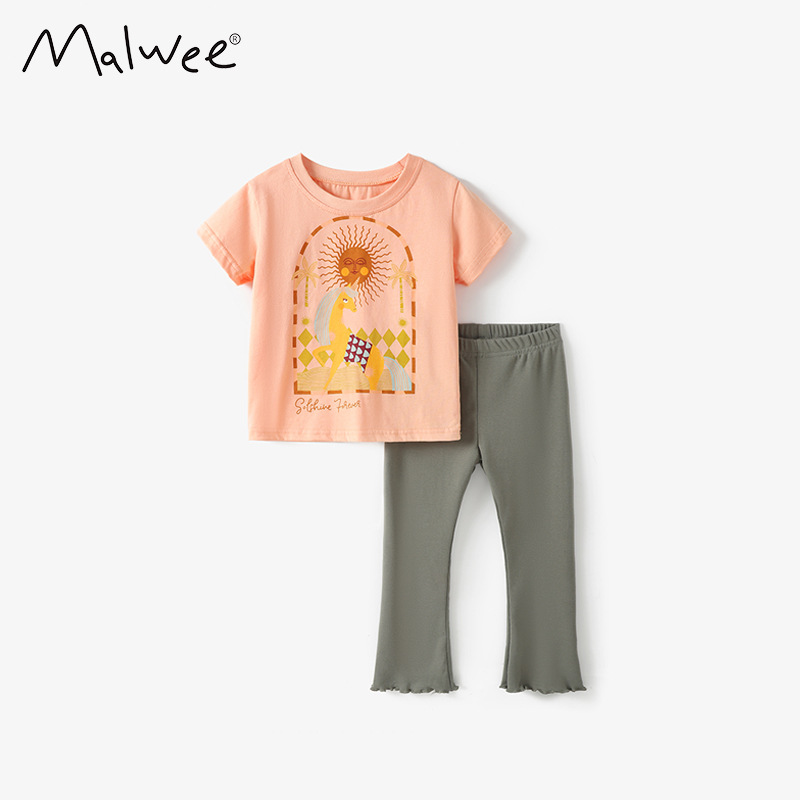Trajes de niñas malwee transfronterizos de verano nuevos niños europeos y estadounidenses cuello redondo manga corta encantador conjunto de impresión de dos piezas