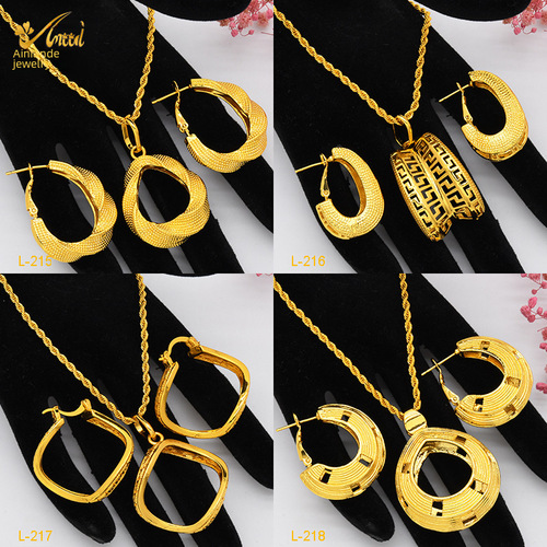 Gold Jewelry Set 24k Gold Earrings and Necklace, Two-Piece Set, Dubai, India, Africa, Nepal, Wholesale