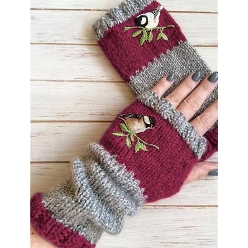 Knitted Fingerless Gloves For Women Warm Embroidered Patchwork_voghion.com