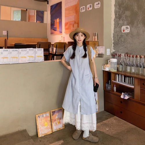 Relaxed Casual Shirt Dress for Women 2025 Summer White A-line Skirt Layering Two-Piece Set