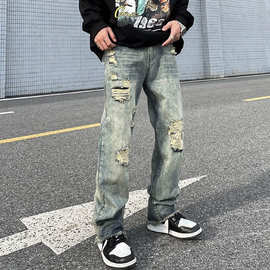 跨境高街水洗做旧割破洞牛仔裤男ins潮牌欧美hiphop宽松直筒长裤