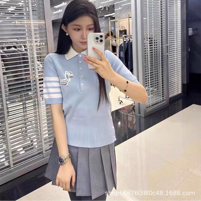 Summer Lion Puppy Embroidered Sky Blue College Style Knitted Shirt Top New Lar Four Bars Short Sleeve T-shirt for Women Summer Lion Puppy Embroidered Sky Blue College Style Knitted Shirt Top New Lar Four Bars Short Sleeve T-shirt for Women