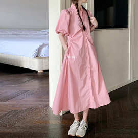 法式茶歇粉色泡泡袖连衣裙女夏甜美减龄宽松气质显瘦衬衫领长裙子