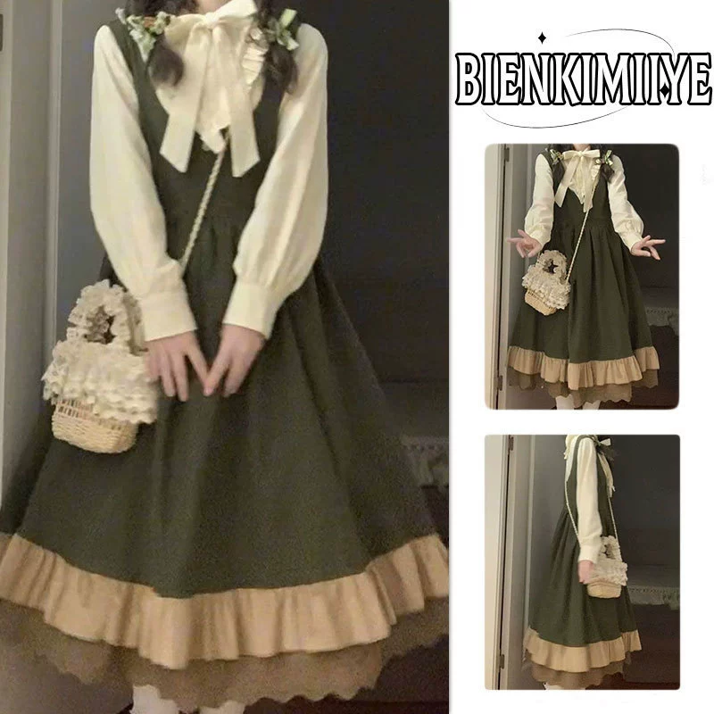 Bienkimiiye весенняя милая юбка на подтяжках с цветными блоками + рубашка с бантом, женский комплект одежды в пасторальном стиле