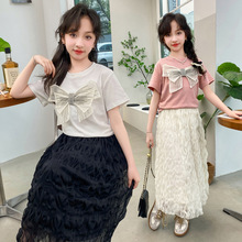 2024夏季女童大童时尚韩版穿搭蝴蝶结短袖纱裙套装儿童两件套夏装
