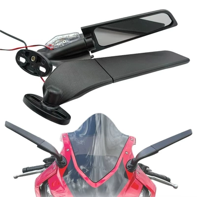 Suitable for Kawasaki, Yamaha, Ducati, Harley Motorcycle Modification, Adjustable Rotating Rearview Mirror with Lights (Motorcycle rearview mirror)