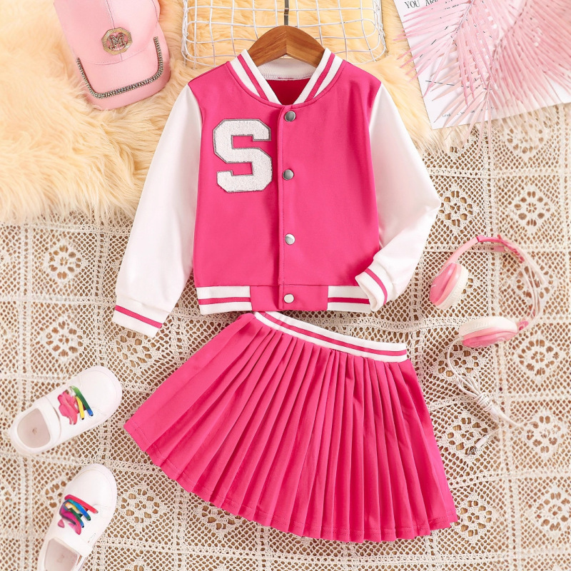 Cross-Border Foreign Trade Ins Girls' Spring and Autumn Outfit Set: Girls' Letter Patch Color-Blocking Varsity Jacket and Skirt Set