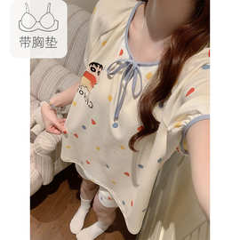 简约款带胸垫睡衣女夏季纯棉薄短袖甜美圆点家居服可爱两件套