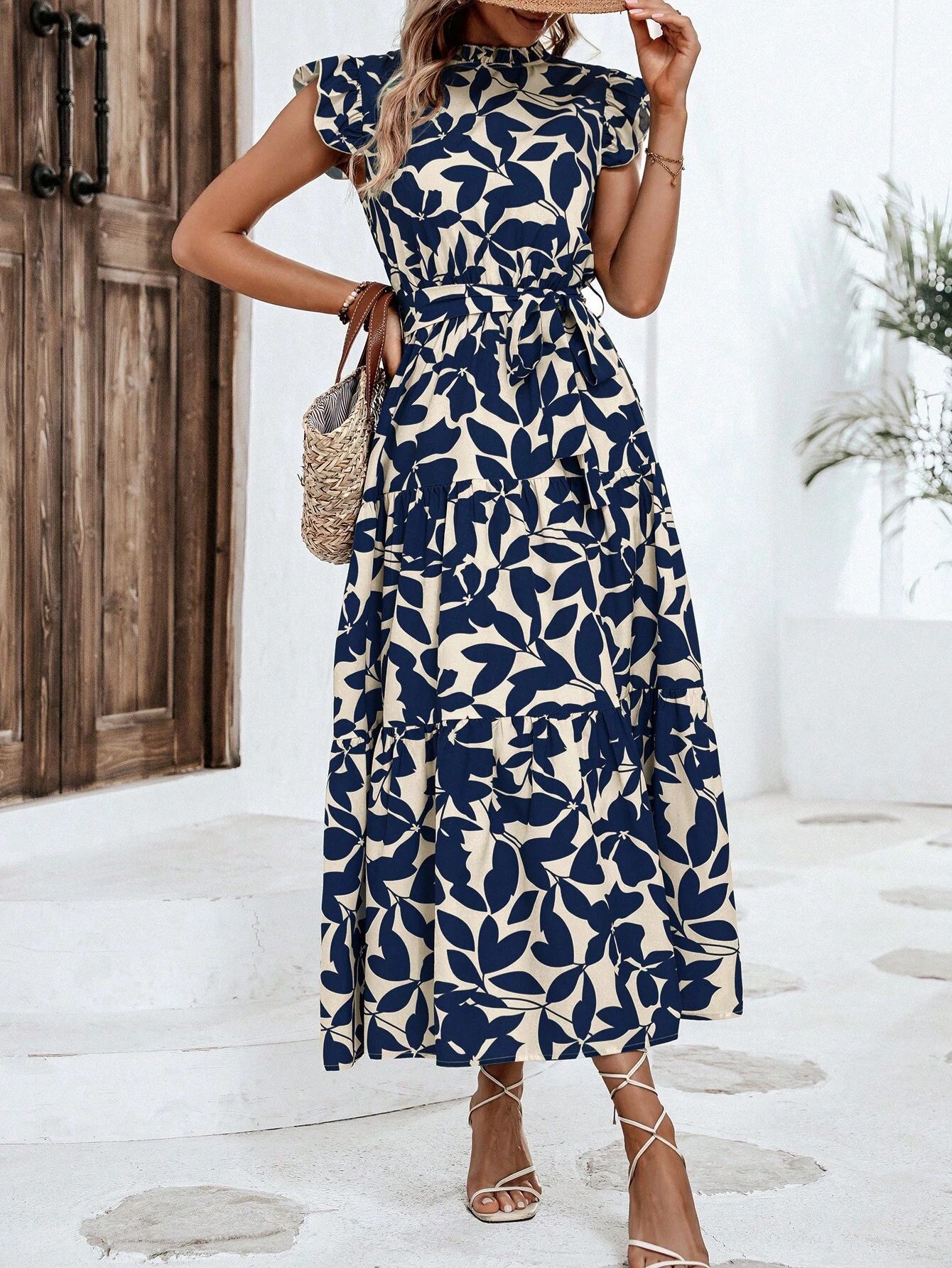 350g Weight Midi Dress Dress Length Type Sleeveless Sleeve Length Swing Dress Dresses Type Flounce Sleeve Sleeve Type Polyester Fabric Type High Waist Waist Line Holiday, Daily Occasion Standing Collar Neckline Slim Fit Type Leaf Pattern Summer Season Women's Gender Printing Design Elegant, Streetwear Style Wholesale Women's Elegant Streetwear Printing Leaf Holiday Daily Standing Collar Sleeveless Swing Dress 17