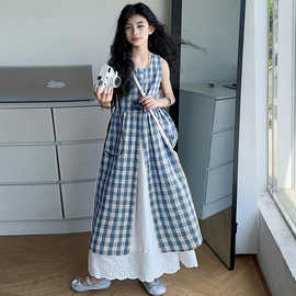 女童宝宝韩版无袖格子罩衫裙套装中大童夏季新款洋气半身裙两件套