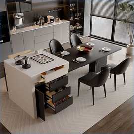 网红爆款氛围灯高档实木岛台餐桌椅大户型餐桌一体家用伸缩中岛台