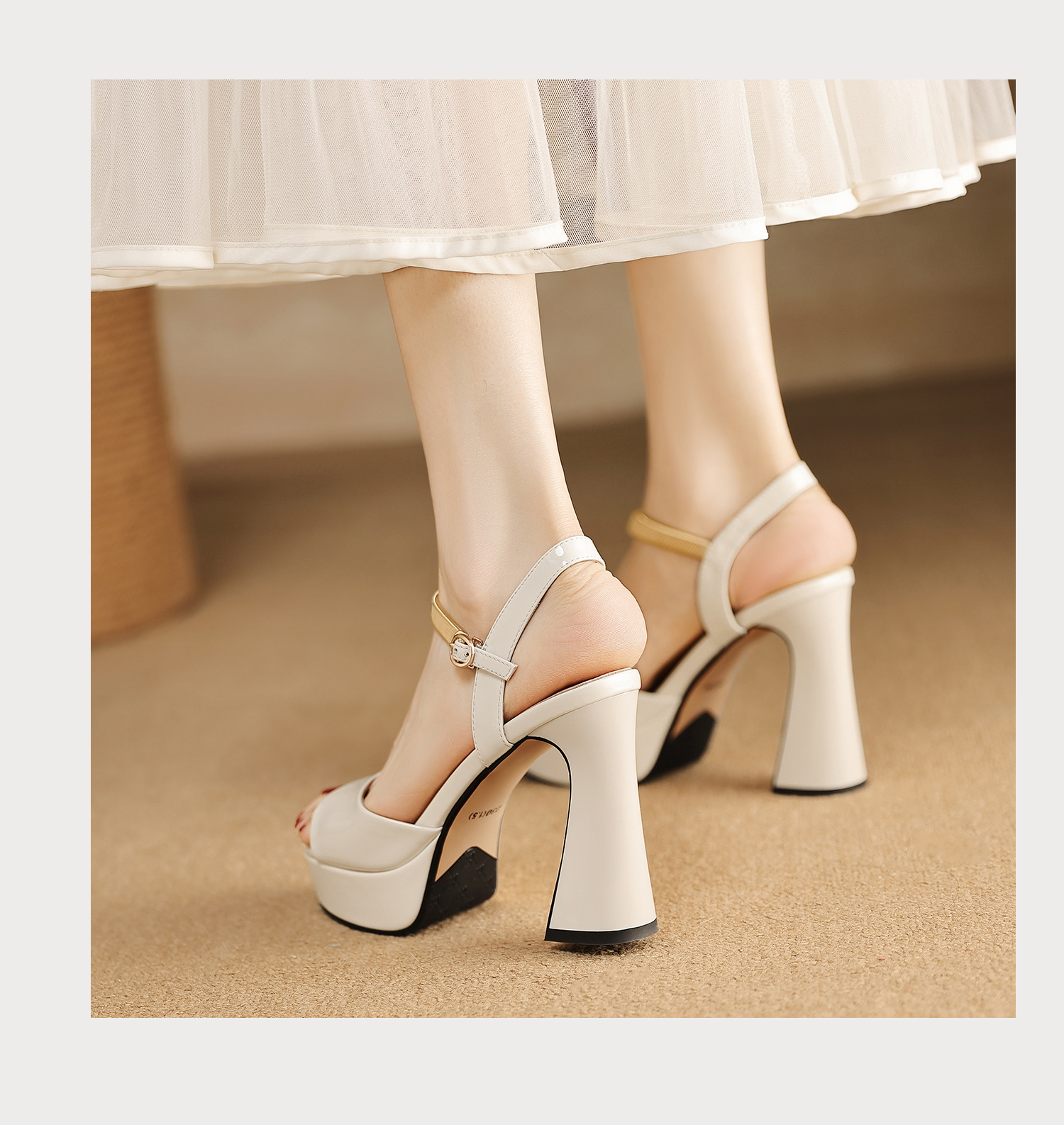 Sandal peep toe nữ quai ngang gót vuông platform đế cao 9 cm — màu đen, màu trắng ngà chi tiết 13