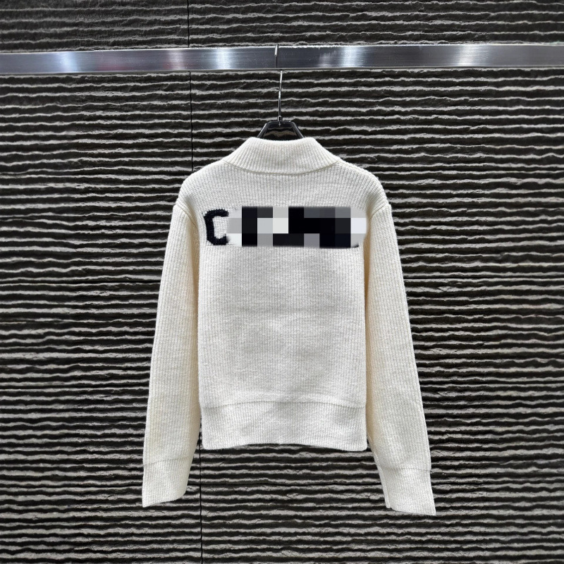 Casual Jacquard Zipper-Style Letter Embroidery Ce Stand Collar New Sweater Cardigan Autumn/Winter 25 Apricot Color Black with Tags