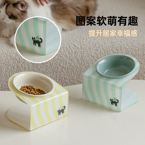 Ceramic pet cat bowl, dog bowl, cervical vertebra protection, anti-overturn drinking bowl, grain basin, tall acrylic frame, inclined mouth bowl