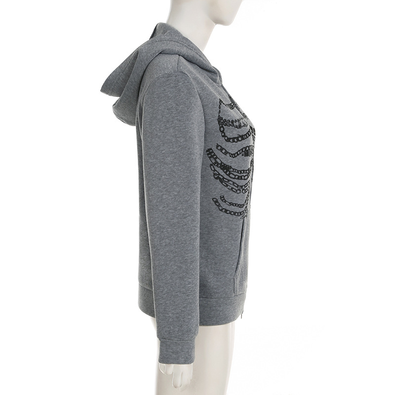 Culture Chain Bone Print Loose Hooded Sweatshirt Sexy Street Niche Casual Zipper Thin Coat