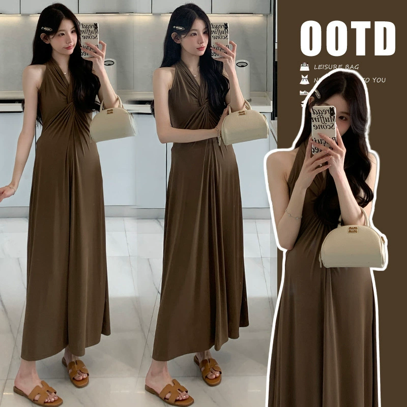 Платье для беременных летом беременности Продвинутый смысл носить французская горячая мама с изогнутым V-образным вырезом длинное платье летом