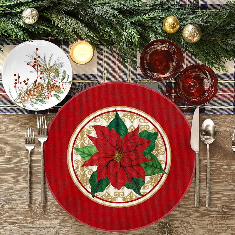 アマゾンの爆発的な祝日のクリスマスの丸い食事マットレストランの雰囲気はテーブルマットの亜麻のプリントの断熱マットの洋食を配置します。|undefined