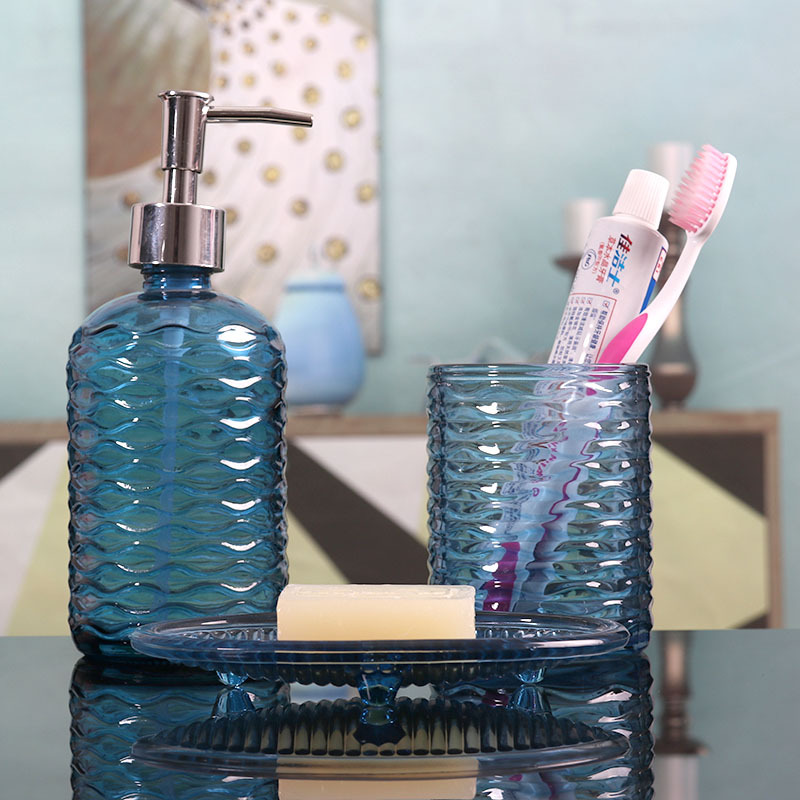Juego de lavado de tres piezas Botella de vidrio Champú Gel de ducha Botella vacía Cepillo de dientes Taza de agua Acondicionador de hotel Botella subenvasada