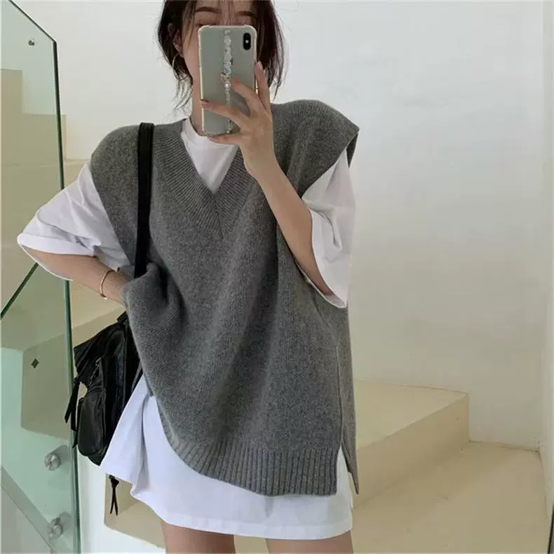 欧美跨境新款鸡心领宽松慵懒风侧开叉设计感针织背心无袖上衣女