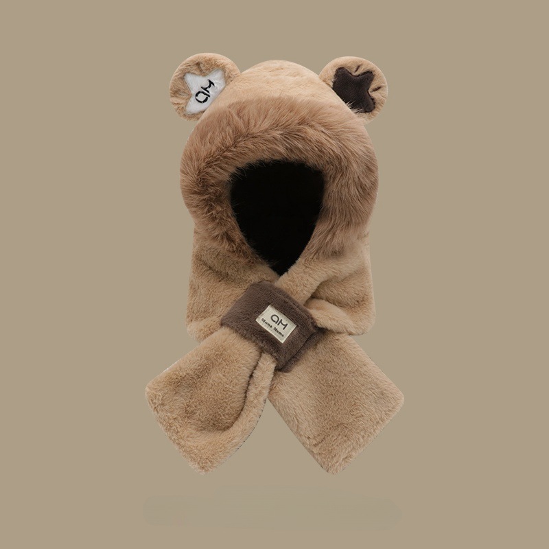 Añadir vello grueso lindos sombrero bufandas de oso en un conjunto de dos piezas para mujeres otoño y invierno nuevo buñuelo de peluche cálido con sombrero