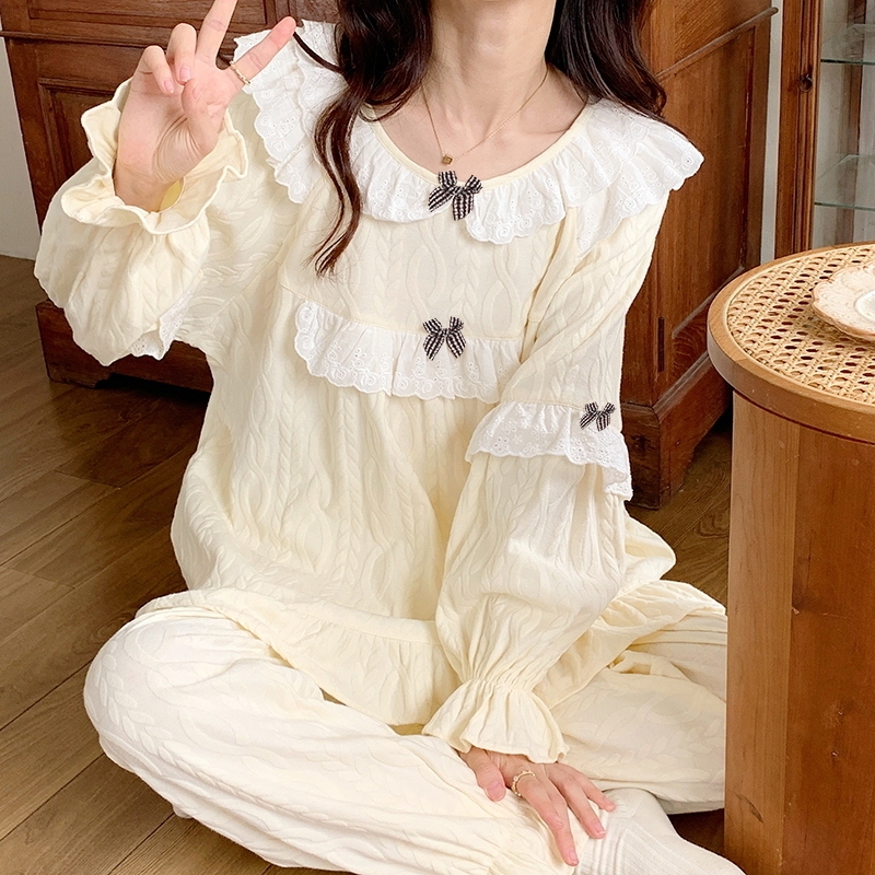 Pajamas Women's Spring and Autumn Jacquard Cotton Long Sleeve Winter New Princess Style Cute Outer Wear Bow Home Clothes suit Pajamas Women's Spring and Autumn Jacquard Cotton Long Sleeve Winter New Princess Style Cute Outer Wear Bow Home Clothes suit